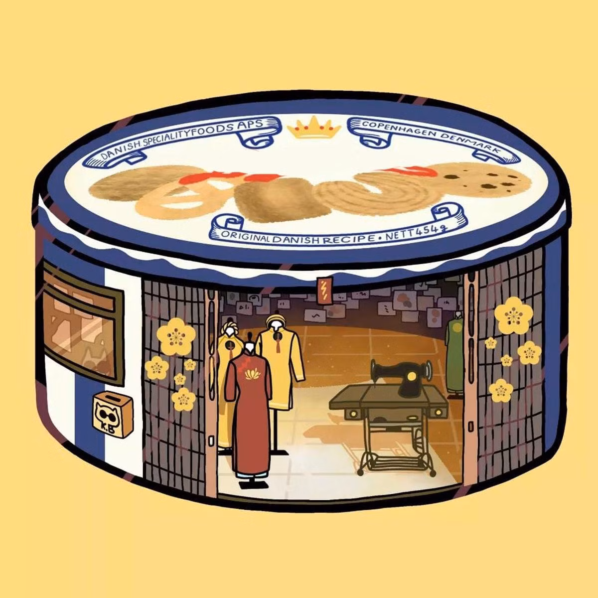 Lấy ý tưởng từ những hộp bánh quy chứa đựng kim chỉ của mẹ, của bà, Khánh Băng đã "xây dựng" một cửa hàng may áo dài trong hộp bánh quy ký ức đó. Nguồn ảnh: Phố trong hộp.