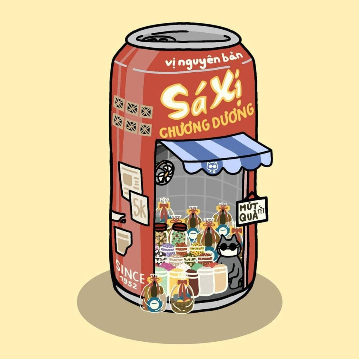 Lon nước Sá xị Chương Dương là món uống quen thuộc vào ngày Tết nên cô kết hợp tiệm mứt và sá xị vào hình ảnh lon nước. Nguồn ảnh: Phố trong hộp.