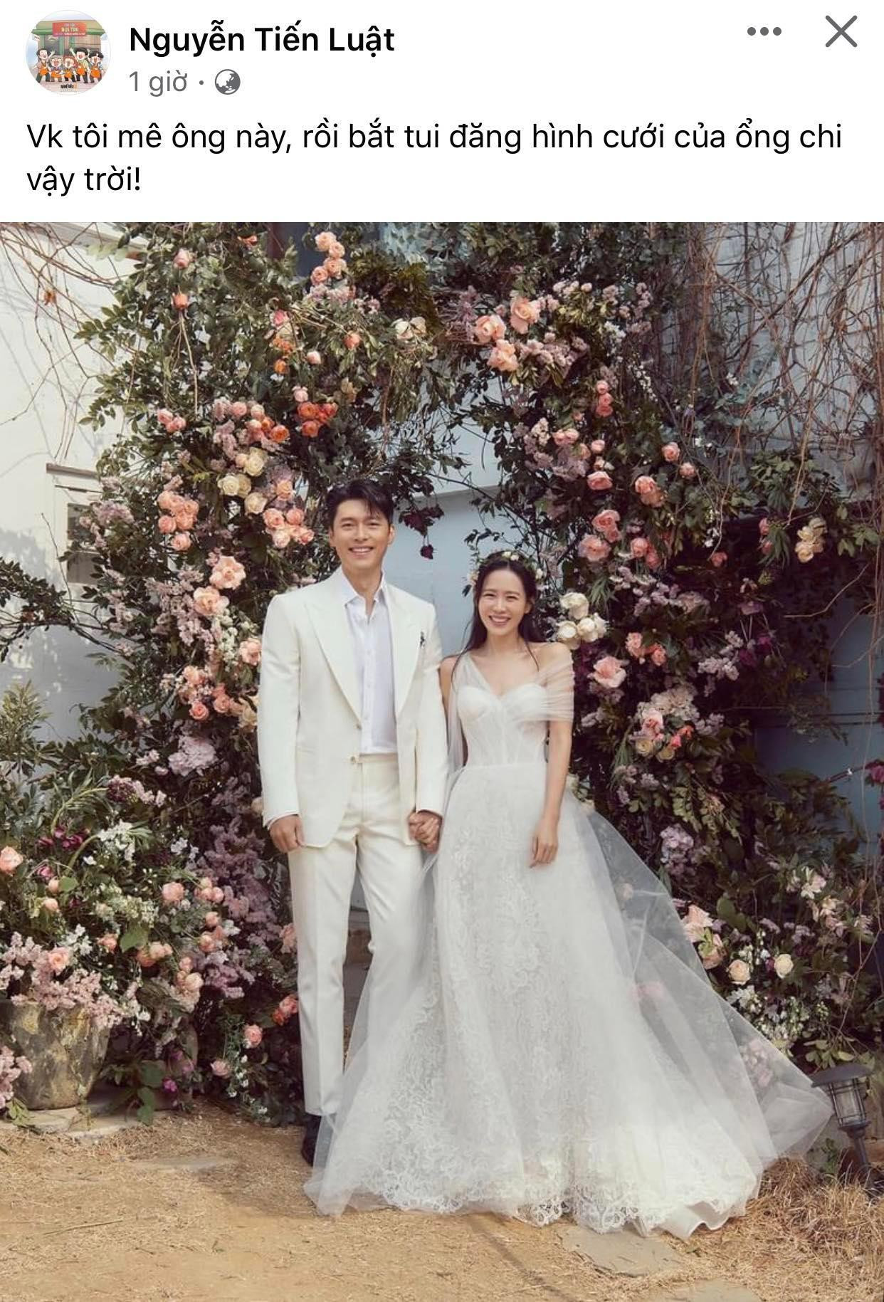 Nghệ sĩ Tiến Luật khiến fan không thể phì cười vì bị vợ Thu Trang "ép" đăng ảnh cưới của cặp đôi Hyun Bin và Son Ye Jin. Nguồn: FBNV Nghệ sĩ Tiến Luật khiến fan không thể phì cười vì bị vợ Thu Trang "ép" đăng ảnh cưới của cặp đôi Hyun Bin và Son Ye Jin. Nguồn: FBNV