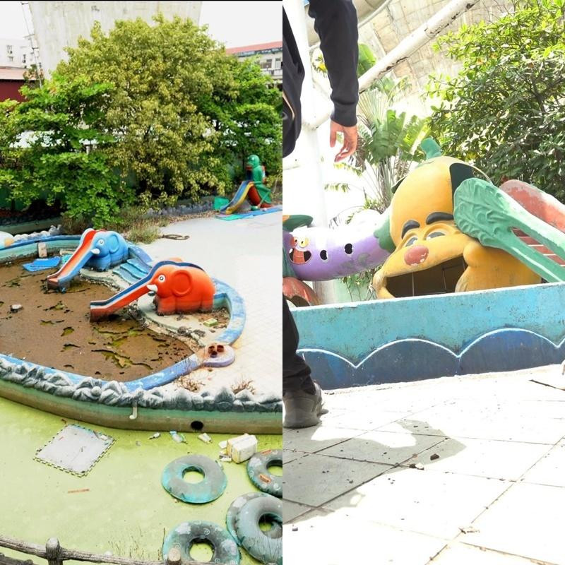 Đóng rêu, đóng bụi, đổ nát là những từ ngữ miêu tả khung cảnh công viên nước Đại Thế Giới hiện tại. Ảnh: TikTok H.E