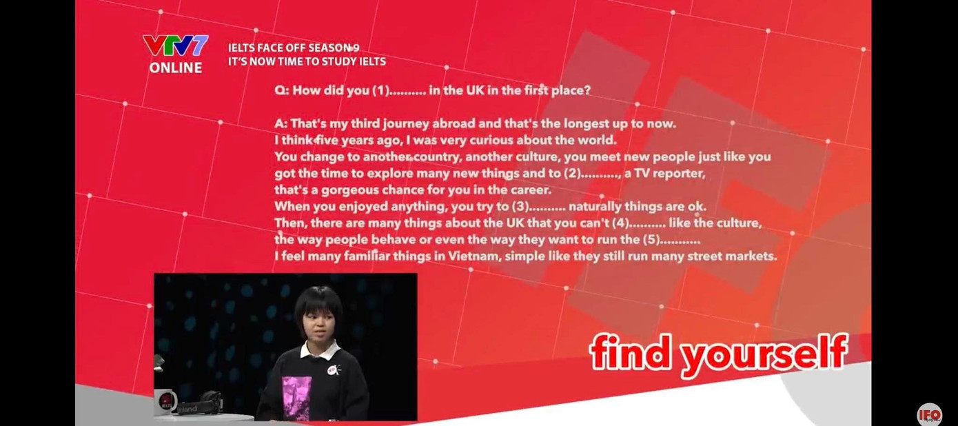 Với nền tảng kiến thức tốt, Thanh Mai đã dễ dàng vượt qua bài thi IELTS đủ 4 kỹ năng trực tiếp trên sóng truyền hình. Ảnh chụp màn hình. Với nền tảng kiến thức tốt, Thanh Mai đã dễ dàng vượt qua bài thi IELTS đủ 4 kỹ năng trực tiếp trên sóng truyền hình. Ảnh chụp màn hình.