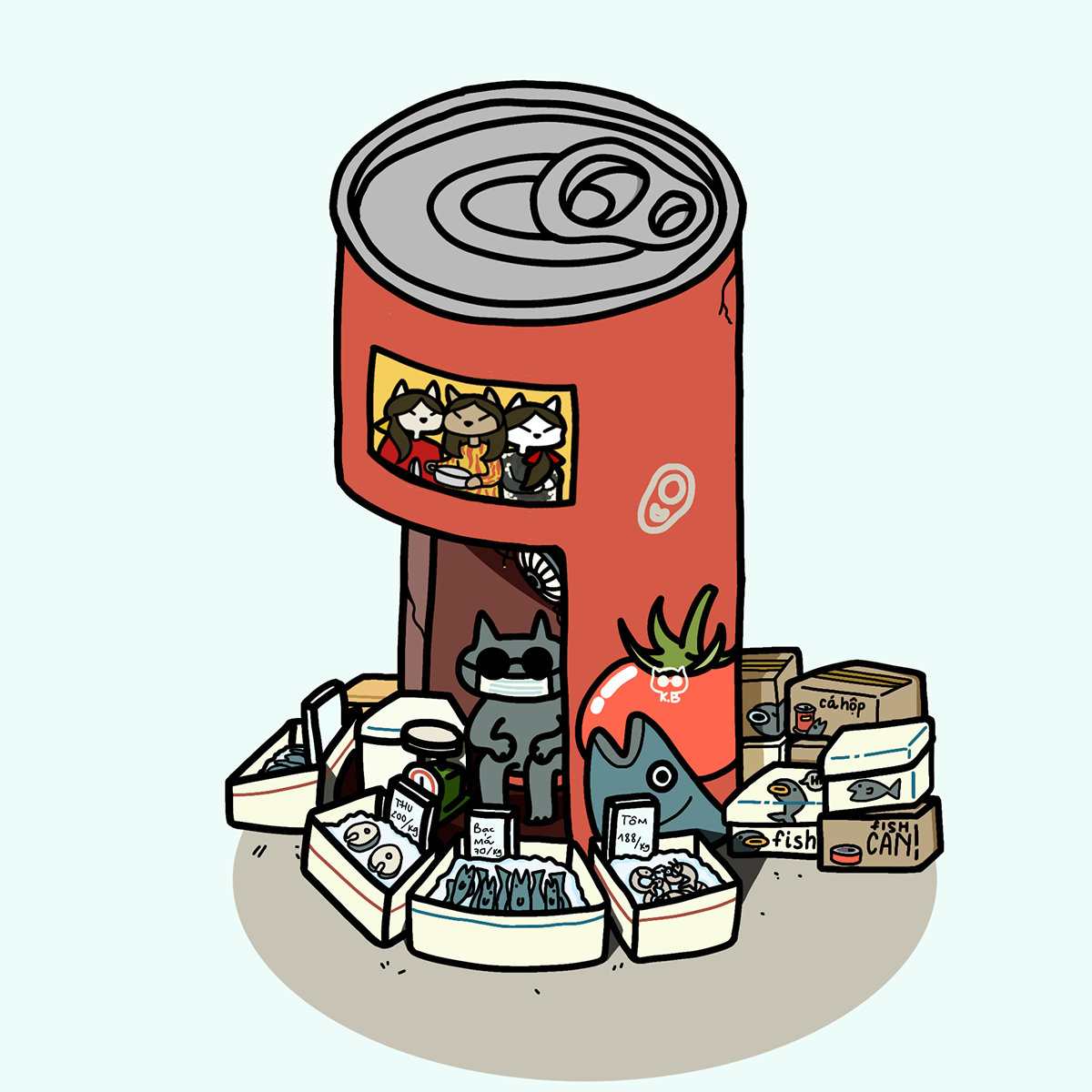 Hộp cá mòi "3 cô mèo" cũng được biến tấu thú vị khi trở thành một cửa hàng bán đầy ấp cá cùng chú mèo đeo khẩu trang phòng dịch. Nguồn ảnh: Phố trong hộp.