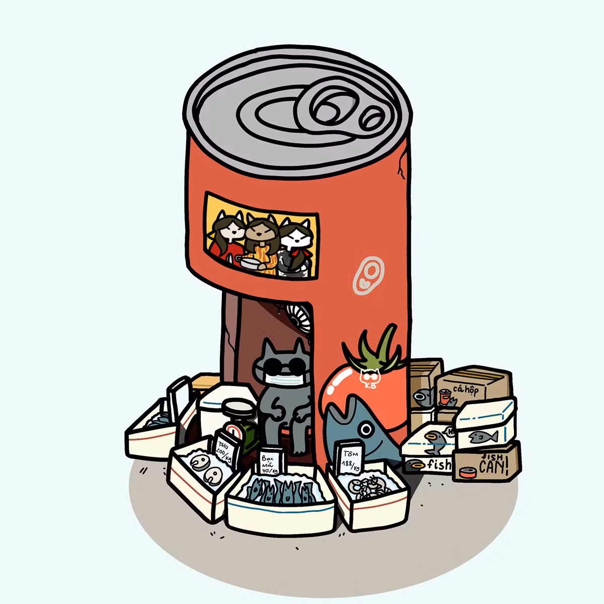 Hộp cá mòi "3 cô mèo" cũng được biến tấu thú vị khi trở thành một cửa hàng bán đầy ấp cá cùng chú mèo đeo khẩu trang phòng dịch. Nguồn ảnh: Phố trong hộp.