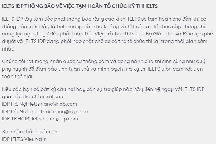 Thông báo tạm hoãn tổ chức kỳ thi IELTS được gửi về từ IDP. Ảnh: Trần Công Đăng Khoa