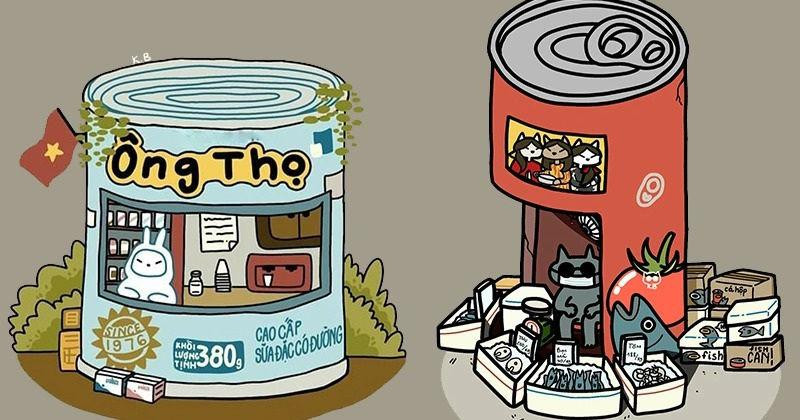 Bộ tranh đồ họa Phố Trong Hộp lấy cảm hứng từ việc "ăn đồ hộp, uống sữa lon" trong mùa dịch. Nguồn: Phố trong hộp