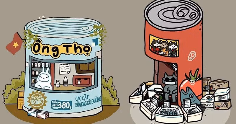 Bộ tranh đồ họa Phố Trong Hộp lấy cảm hứng từ việc "ăn đồ hộp, uống sữa lon" trong mùa dịch. Nguồn: Phố trong hộp