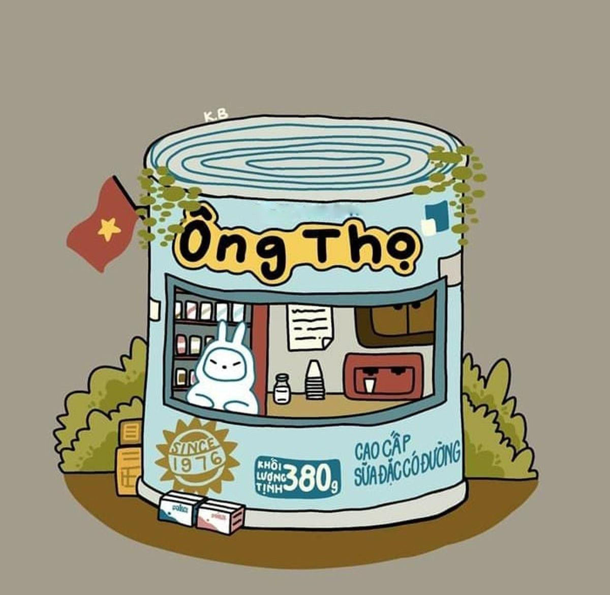 Đây là bức tranh đầu tiên trong chuỗi series "Phố trong hộp" của cô bạn Khánh Băng lấy ý tưởng vì việc uống quá nhiều sữa Ông Thọ. Nguồn ảnh: Phố trong hộp.