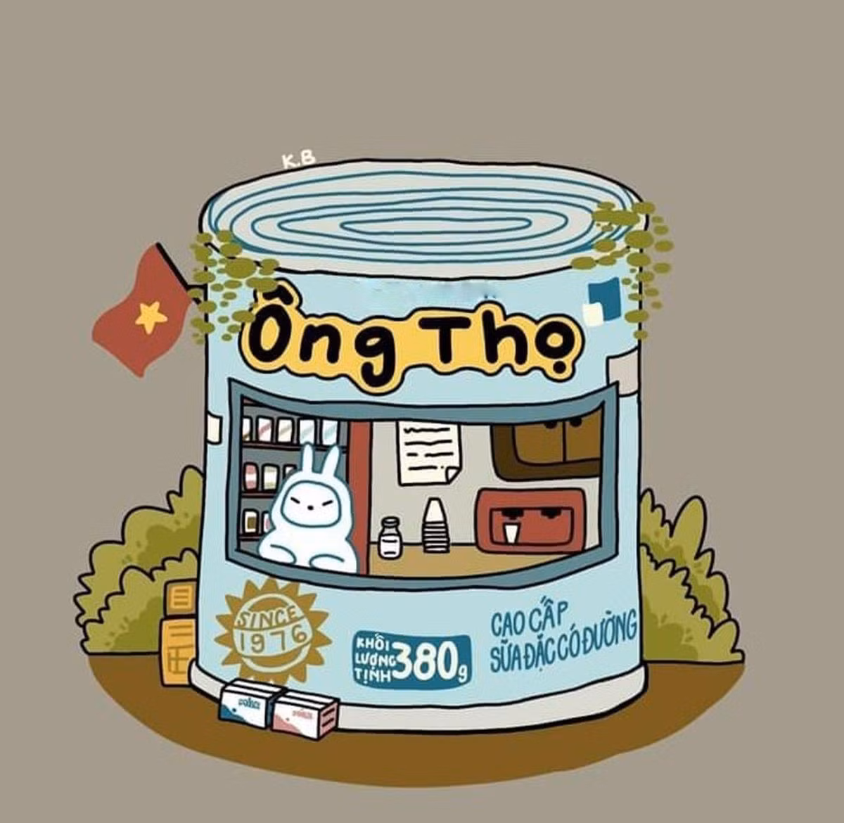 Đây là bức tranh đầu tiên trong chuỗi series "Phố trong hộp" của cô bạn Khánh Băng lấy ý tưởng vì việc uống quá nhiều sữa Ông Thọ. Nguồn ảnh: Phố trong hộp.