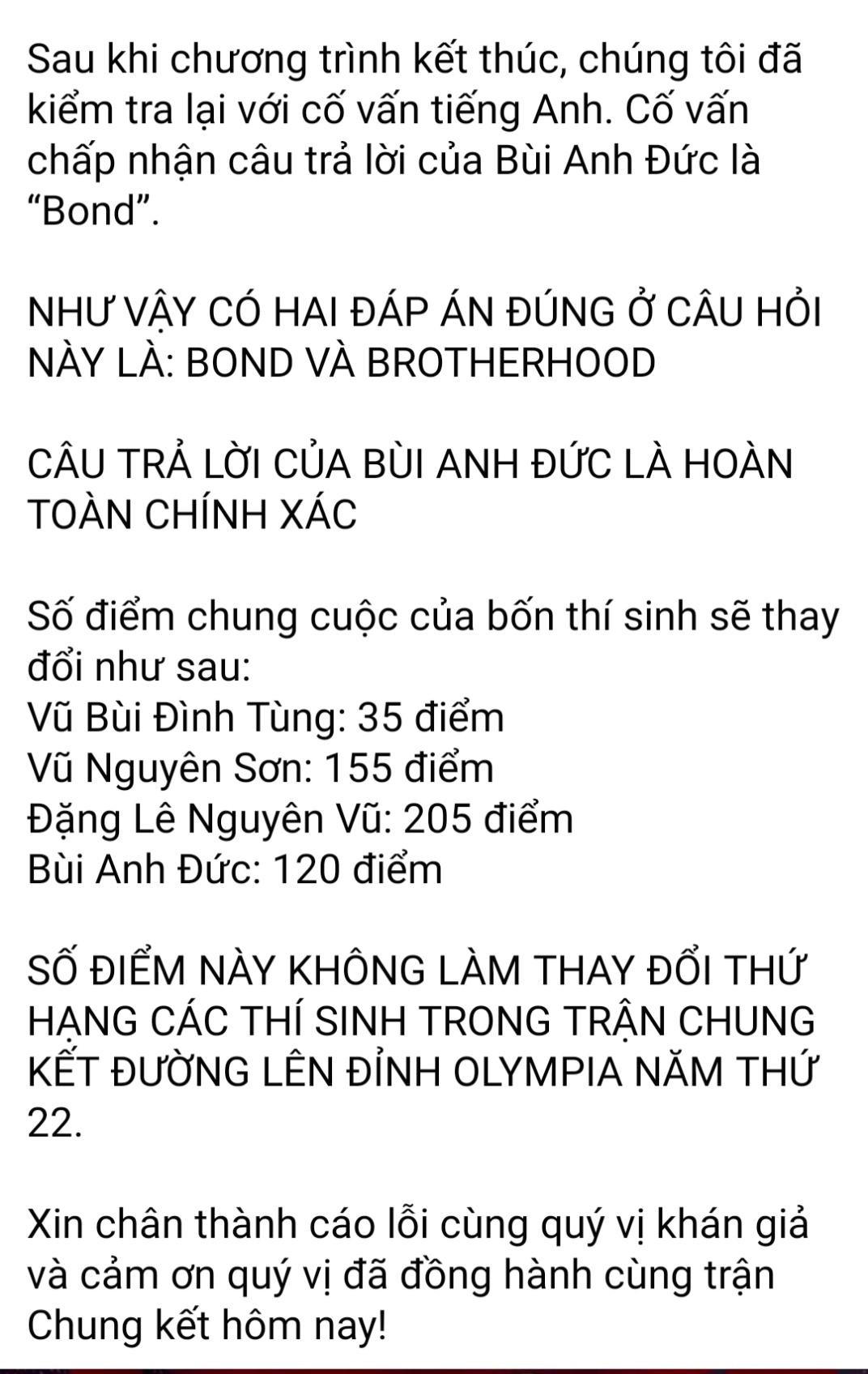 Nguyên văn bài đăng đính chính về sự cố trên fanpage Đường Lên Đỉnh Olympia.
