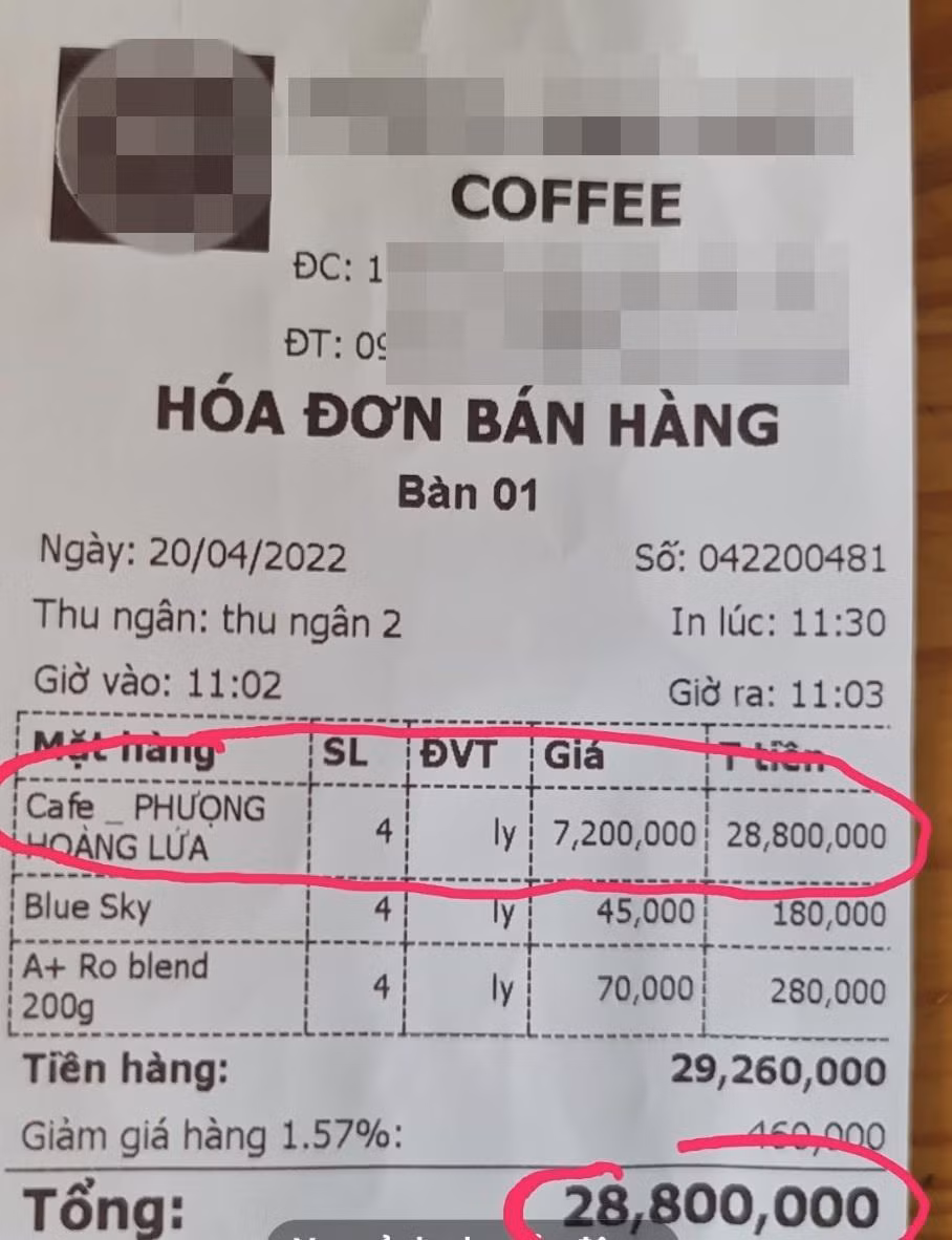 Hoá đơn gây sốt cộng đồng mạng với buổi cà phê giá gần 29 triệu. Nguồn: Internet. Hoá đơn gây sốt cộng đồng mạng với buổi cà phê giá gần 29 triệu. Nguồn: Internet.