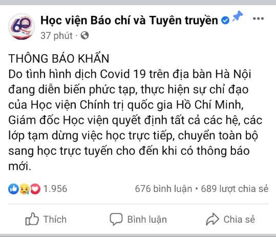 Thông báo về việc hoãn lịch học trực tiếp được đăng trên fanpage của Học viện Báo chí và Tuyên truyền. Nguồn: Internet.