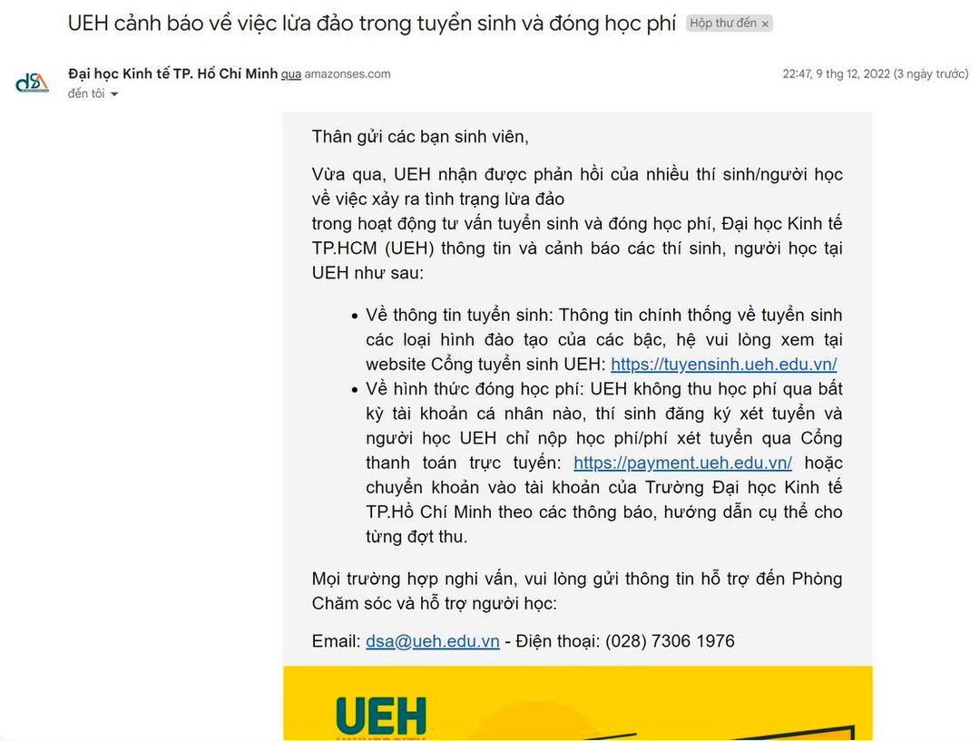 Nội dung cảnh cáo về việc lừa đảo trong vấn đề tuyển sinh và đóng học phí được trường UEH thông báo đến sinh viên. Ảnh: NVCC