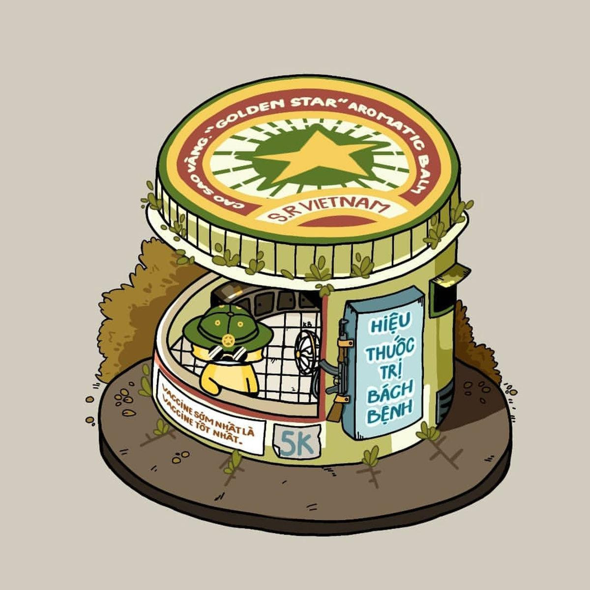 Đến với cửa hiệu thuốc trị bách bệnh, Khánh Băng đã khéo léo lồng ghép thông điệp phòng dịch vào tác phẩm của mình. Nguồn ảnh: Phố trong hộp.