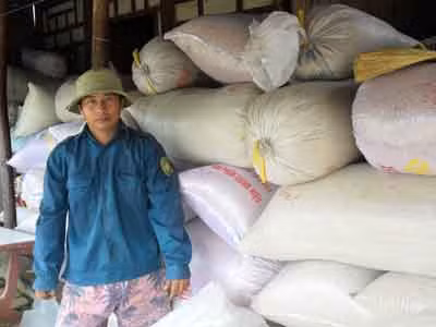 Anh Trần Văn Trí, 28 tuổi, bên 9 tấn lúa mình làm ra mà chưa bán được. ẢNH: HOÀ HỘI