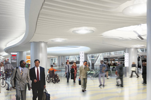 Trạm xe bus nằm bên dưới tầng trên cùng, các đường dốc lên được hỗ trợ cho phương tiện di chuyển