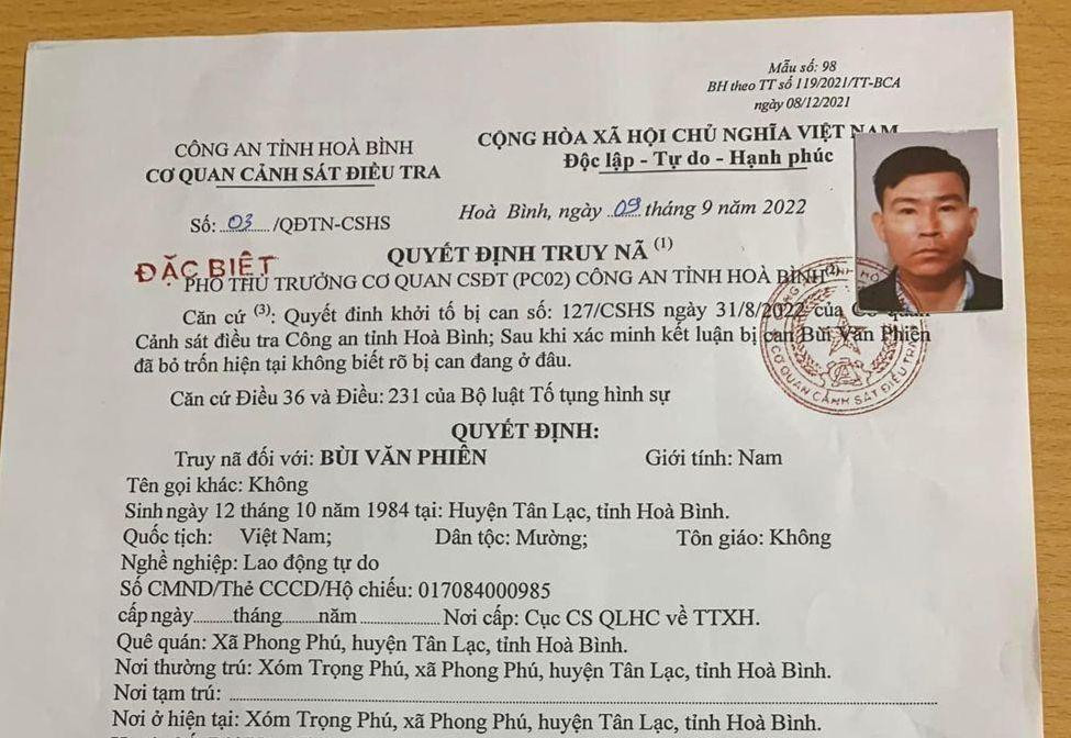 Cảnh sát truy nã nghi phạm Bùi Văn Phiên. Cảnh sát truy nã nghi phạm Bùi Văn Phiên.