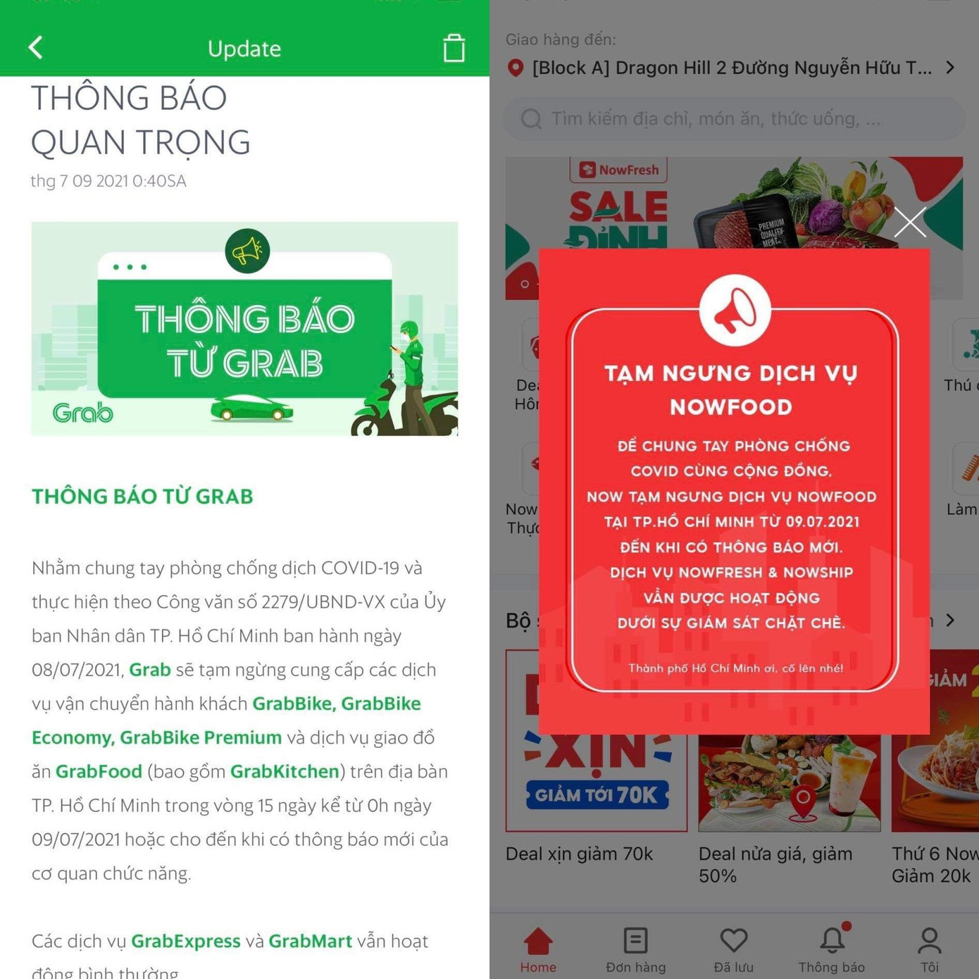 Thông báo dừng cung cấp dịch vụ của Grab, NowFood.