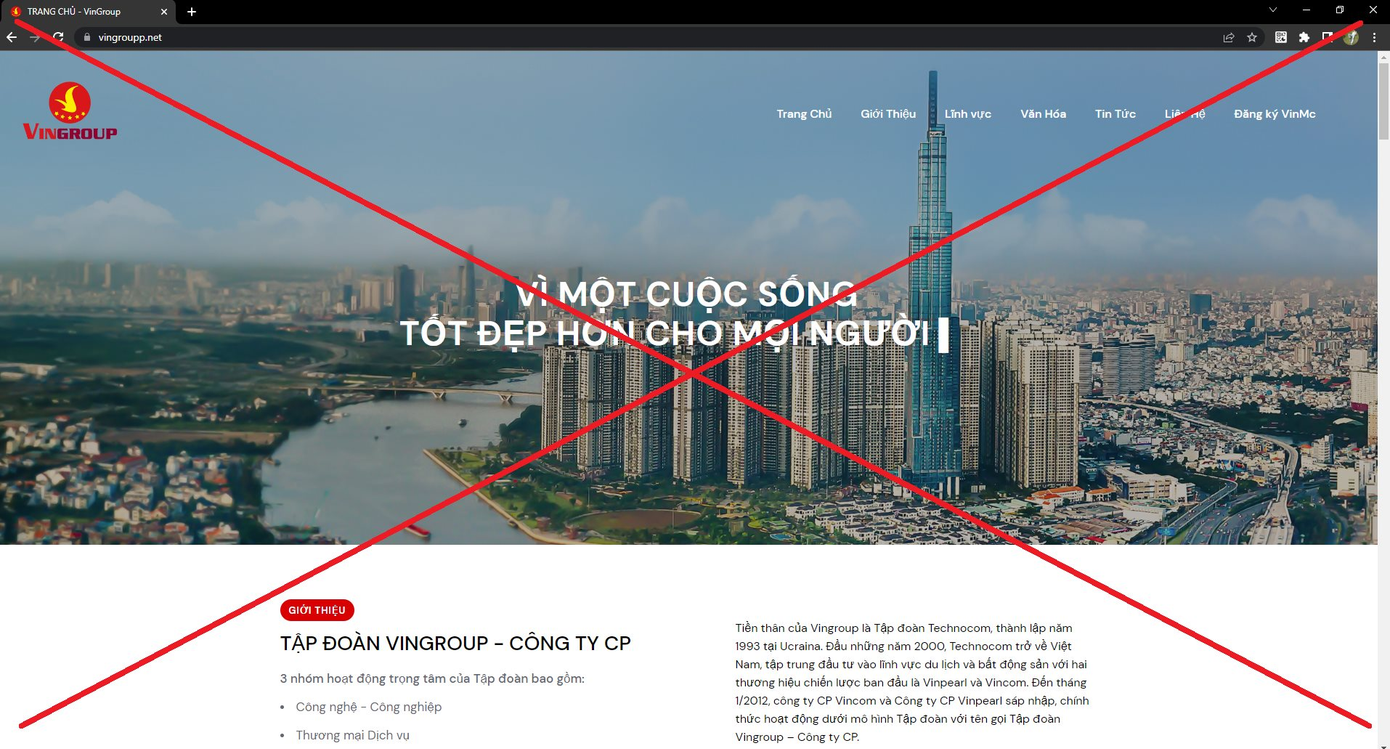 Hình ảnh một website giả mạo Tập đoàn Vingroup.