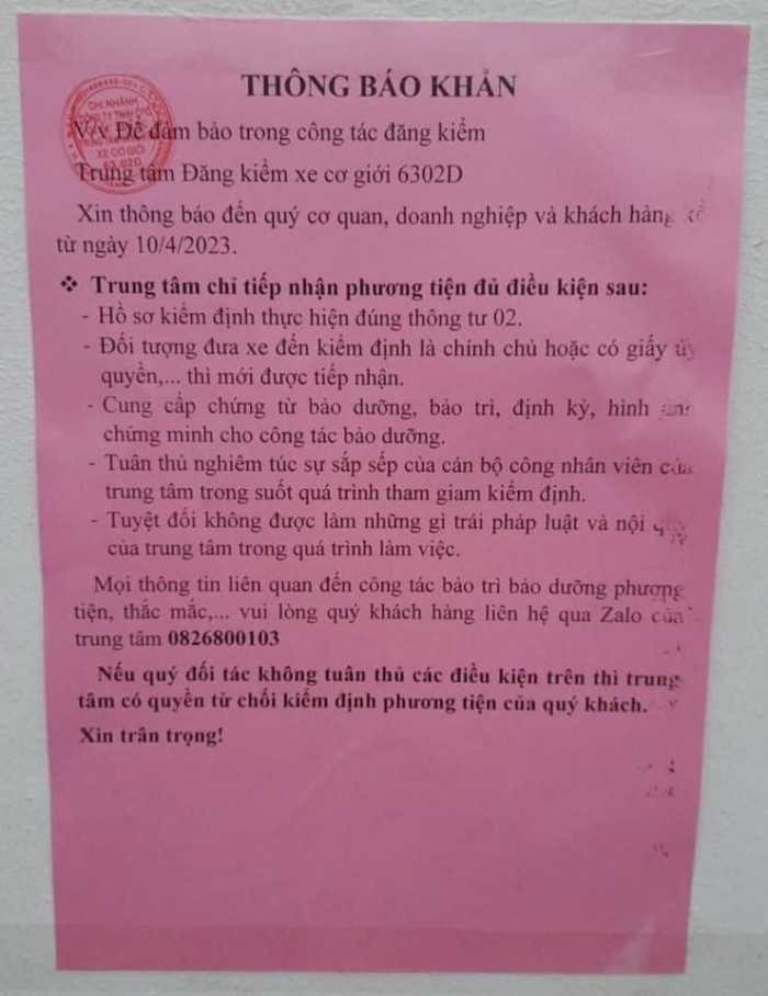 Văn bản thông báo của Trung tâm đăng kiểm 6302D.
