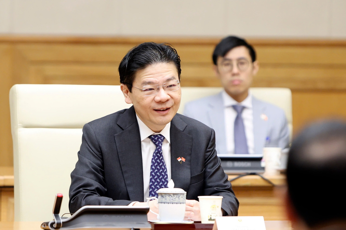 Thủ tướng Singapore Lawrence Wong trong cuộc hội đàm. (Ảnh: Nhật Minh) Thủ tướng Singapore Lawrence Wong trong cuộc hội đàm. (Ảnh: Nhật Minh)