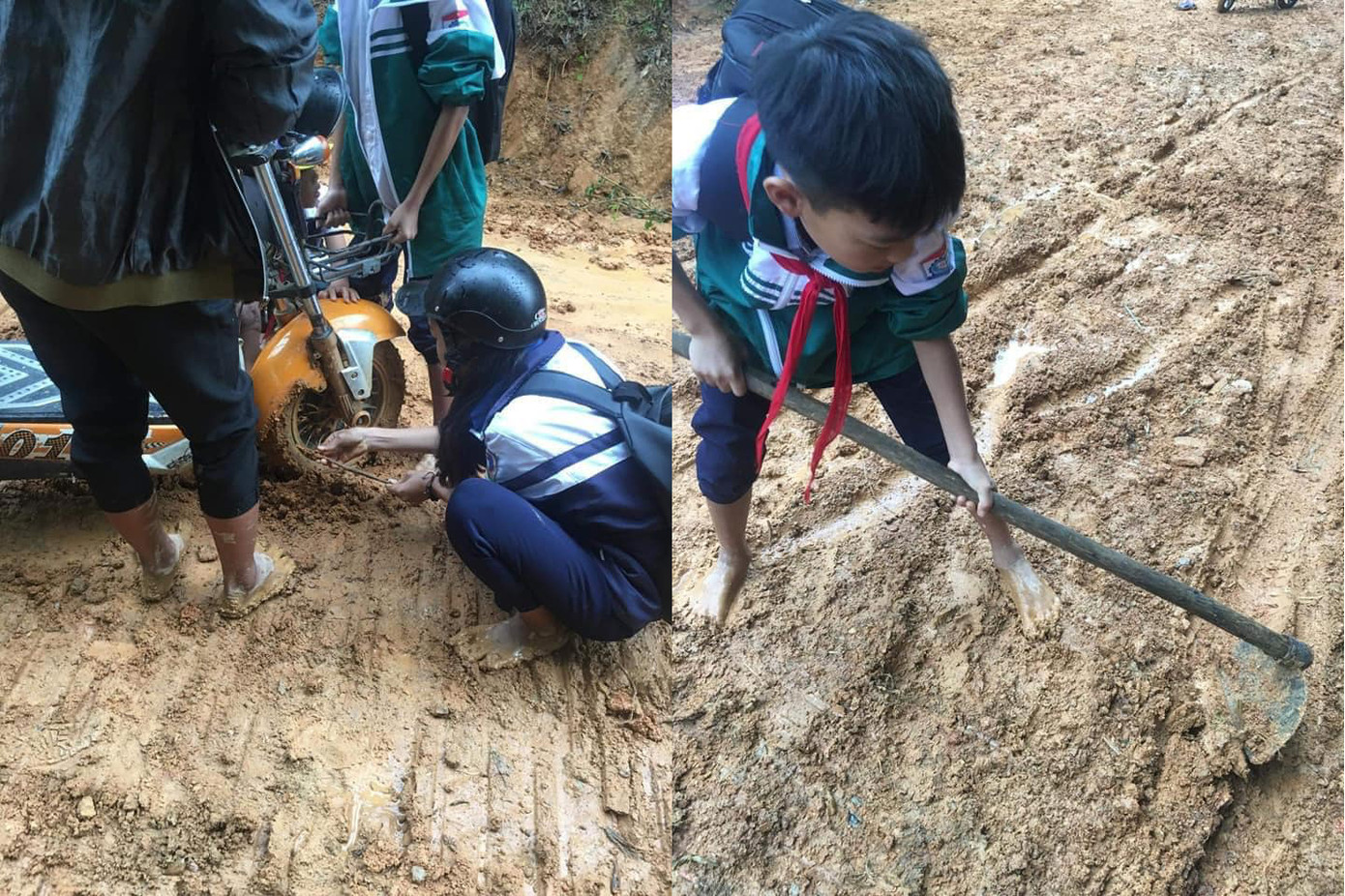 Bùn đất điểm cao điểm thấp khiến bánh xe kẹt cứng, nhiều học sinh phải mang theo cuốc để san những đoạn đường khó cho dễ đi. Bùn đất điểm cao điểm thấp khiến bánh xe kẹt cứng, nhiều học sinh phải mang theo cuốc để san những đoạn đường khó cho dễ đi.