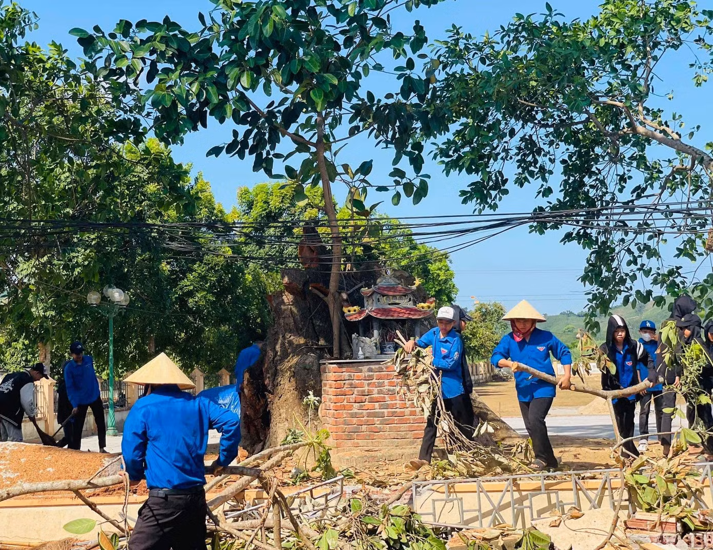 Đoàn viên thanh niên đến dọn dẹp nhánh cây đa sau khi bị gãy đổ. Đoàn viên thanh niên đến dọn dẹp nhánh cây đa sau khi bị gãy đổ.