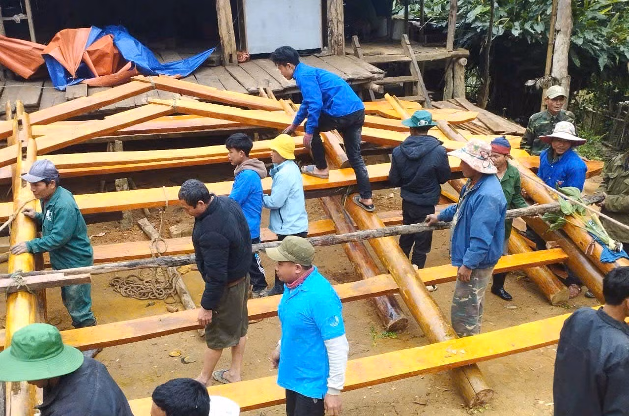 Những cây cột, vật liệu được vận chuyển sẵn sàng cho việc dựng nhà mới.