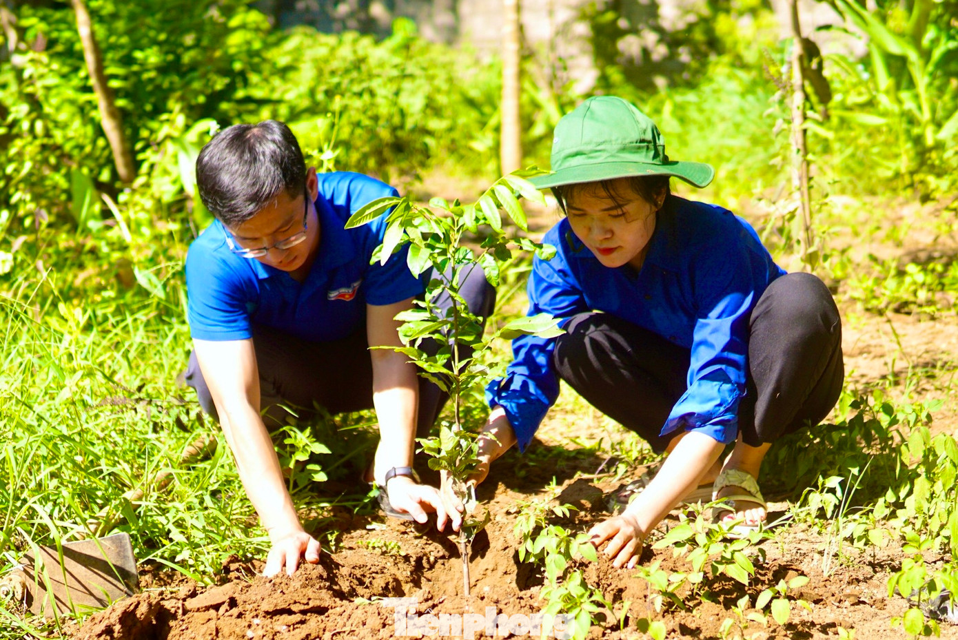 Đoàn viên thanh niên nhiệt tình hỗ trợ gia đình cựu TNXP trồng cây xanh, dọn vệ sinh vườn.