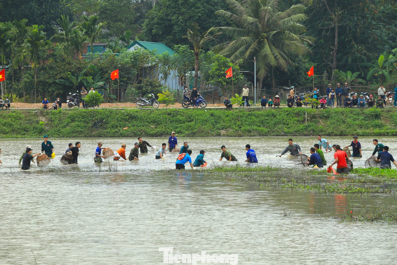 "Hơn 3 tháng trước, chúng tôi đã thả hơn 5 tạ với 4 loại cá gồm cá rô phi, cá mè, cá chép và cá trắm. Chúng tôi thả loại cá đã lớn, có con hơn 4,5kg nên cá rất nhanh to. Ban đầu có hơn 100 người đăng ký tham gia nơm cá nhưng khi mua vé nơm chỉ có 42 người. Hồ rộng, người nơm thưa quá nên xác suất được cá ít hơn", anh Thuyết nói.