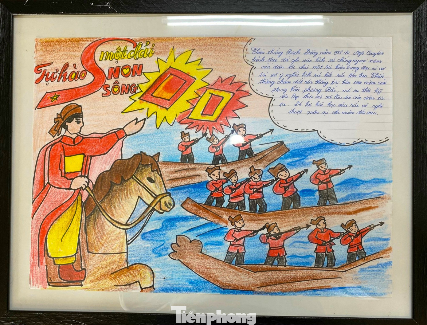 Bức tranh thứ 3 thể hiện trận chiến trên sông Bạch Đằng năm 938 của Ngô Quyền. Chiến thắng ở trận chiến này đã chấm dứt nền thống trị hơn 1000 năm của phong kiến phương Bắc, mở ra thời kỳ độc lập thực sự và lâu dài của dân tộc ta, để lại bài học sâu sắc về nghệ thuật quân sự cho đời sau. Bức tranh thứ 3 thể hiện trận chiến trên sông Bạch Đằng năm 938 của Ngô Quyền. Chiến thắng ở trận chiến này đã chấm dứt nền thống trị hơn 1000 năm của phong kiến phương Bắc, mở ra thời kỳ độc lập thực sự và lâu dài của dân tộc ta, để lại bài học sâu sắc về nghệ thuật quân sự cho đời sau.