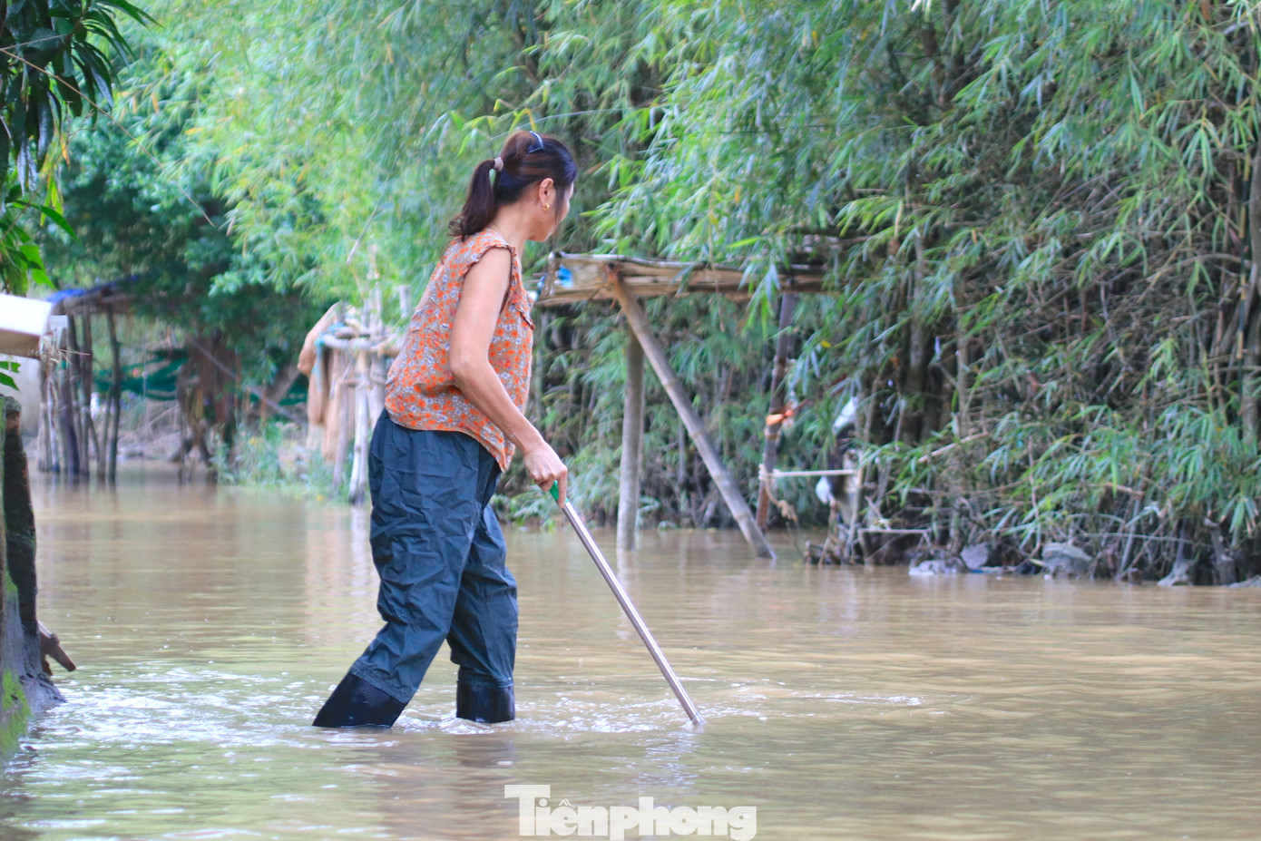 "Hôm trước nước ngập sâu lắm vào trong cả nhà. Chúng tôi phải di dời vào trong đê ở cho an toàn. Hôm nay nước bắt đầu rút nên về lau chùi, dọn dẹp. Vất vả lắm", chị Nguyễn Thị Hương (54 tuổi) kể.