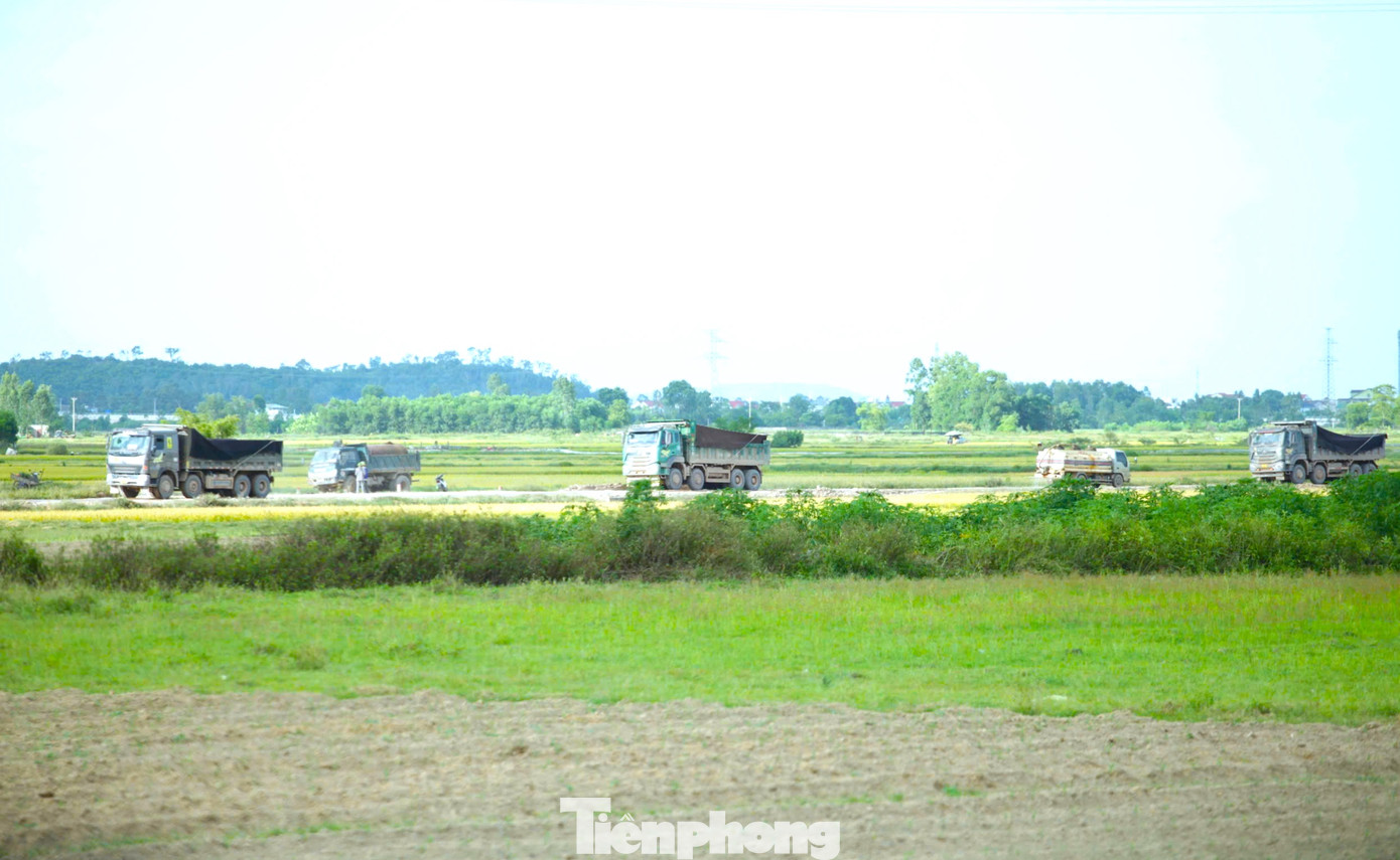 Mỗi ngày có cả trăm lượt xe ra vào 2 mỏ đất để vận chuyển vật liệu đi san lấp công trình.