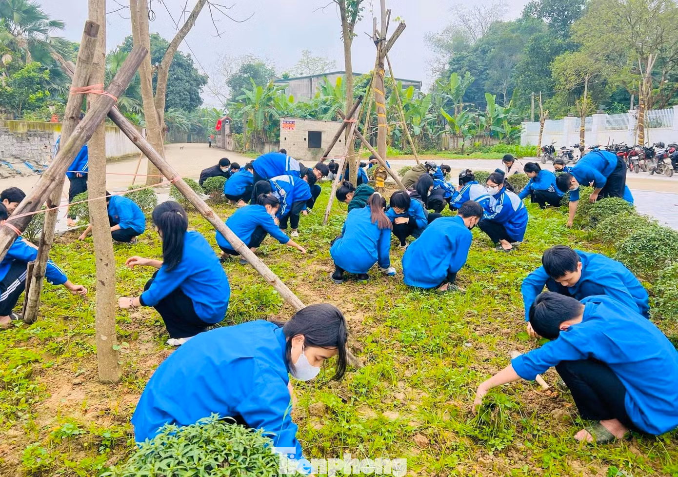 Các đoàn viên thanh niên ra quân nạo vét kênh mương nội đồng, làm sạch, đẹp các con đường làng quê, bồn hoa cây cảnh, công trình thanh niên.