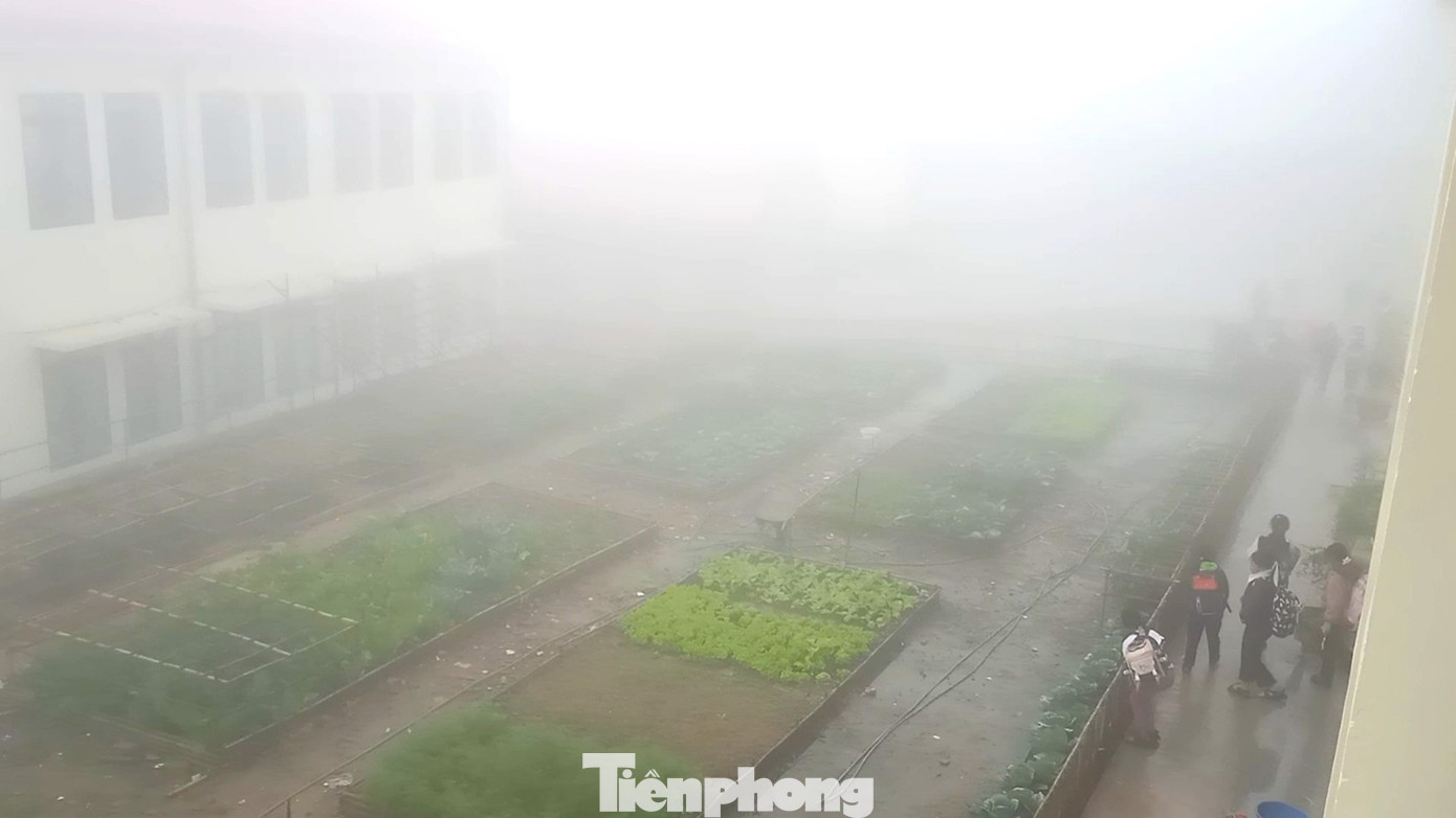 Trường Phổ thông Dân tộc bán trú Tiểu học Nậm Cắn 1 (huyện Kỳ Sơn, Nghệ An) chìm trong sương mù, lạnh giá.