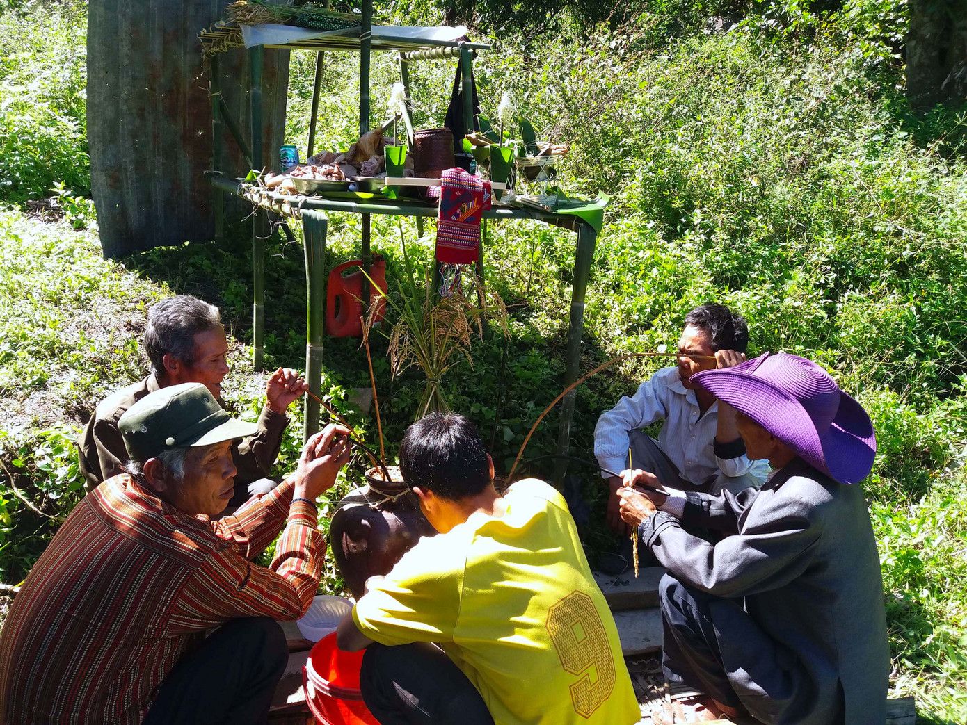 Trước khi lên rẫy thu hoạch, người dân mời thầy mo về làm lễ cúng rẫy để cảm ơn thần linh, trời đất. Ảnh: Lữ Phú.