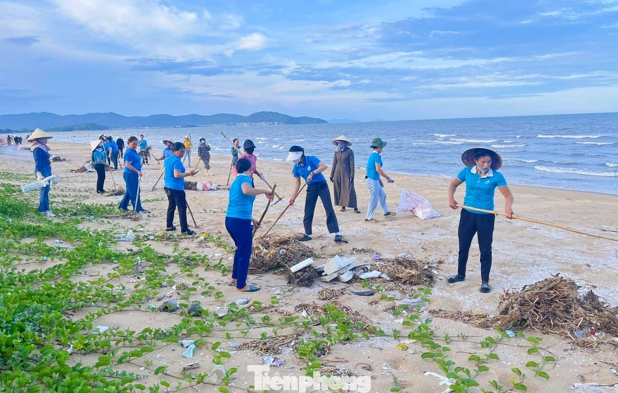 Các hội viên Hội phụ nữ xã Quỳnh Liên dùng cào để gom lá cây, dọn rác trên bãi biển. Các hội viên Hội phụ nữ xã Quỳnh Liên dùng cào để gom lá cây, dọn rác trên bãi biển.