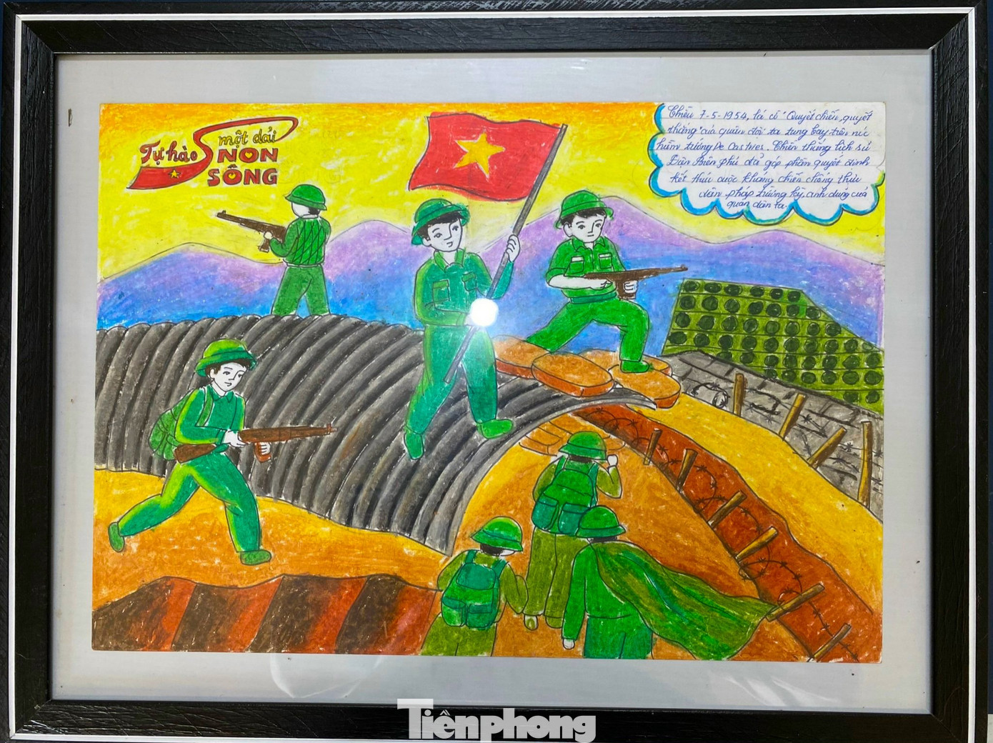 Bức tranh vẽ thứ 11 tái hiện lại chiến thắng Điện Biên Phủ năm 1954. Trận chiến thắng đã góp phần quyết định kết thúc cuộc kháng chiến chống thực dân Pháp trường kỳ, anh dũng của quân, dân ta, là một kỳ tích của quân đội ta, một trong những mốc son chói lọi trong lịch sử đấu tranh giữ nước của dân tộc Việt Nam. Bức tranh vẽ thứ 11 tái hiện lại chiến thắng Điện Biên Phủ năm 1954. Trận chiến thắng đã góp phần quyết định kết thúc cuộc kháng chiến chống thực dân Pháp trường kỳ, anh dũng của quân, dân ta, là một kỳ tích của quân đội ta, một trong những mốc son chói lọi trong lịch sử đấu tranh giữ nước của dân tộc Việt Nam.