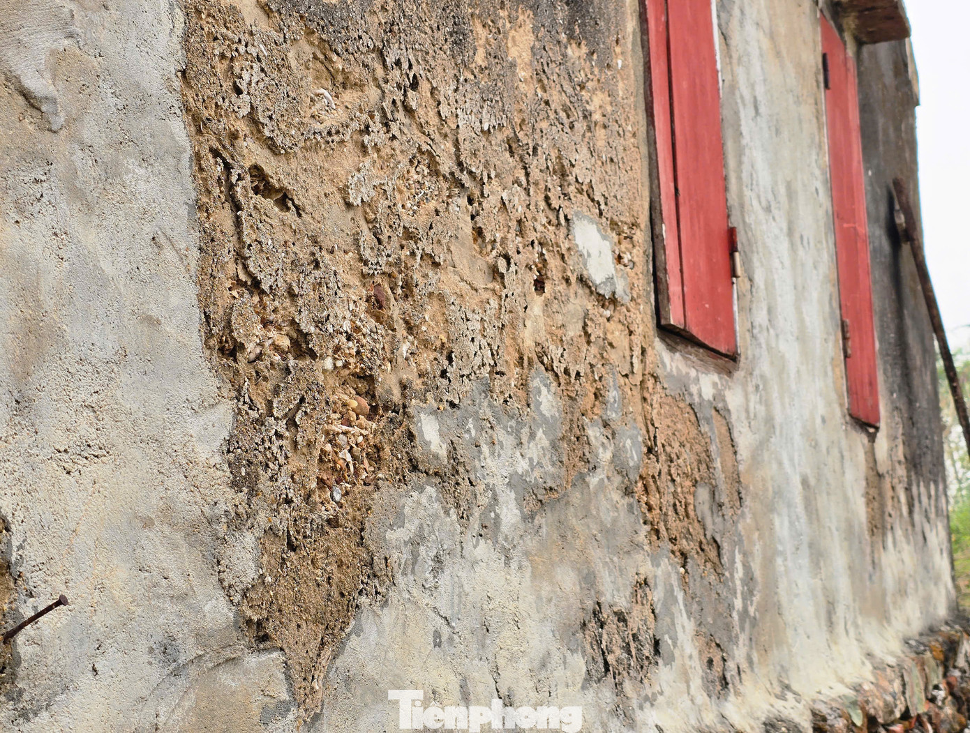 Trải qua hàng chục năm, nhiều căn nhà làm từ vỏ sò bị bong tróc nên chủ nhà phải trám thêm một lớp vữa xi-măng để tránh mưa nắng. Trải qua hàng chục năm, nhiều căn nhà làm từ vỏ sò bị bong tróc nên chủ nhà phải trám thêm một lớp vữa xi-măng để tránh mưa nắng.