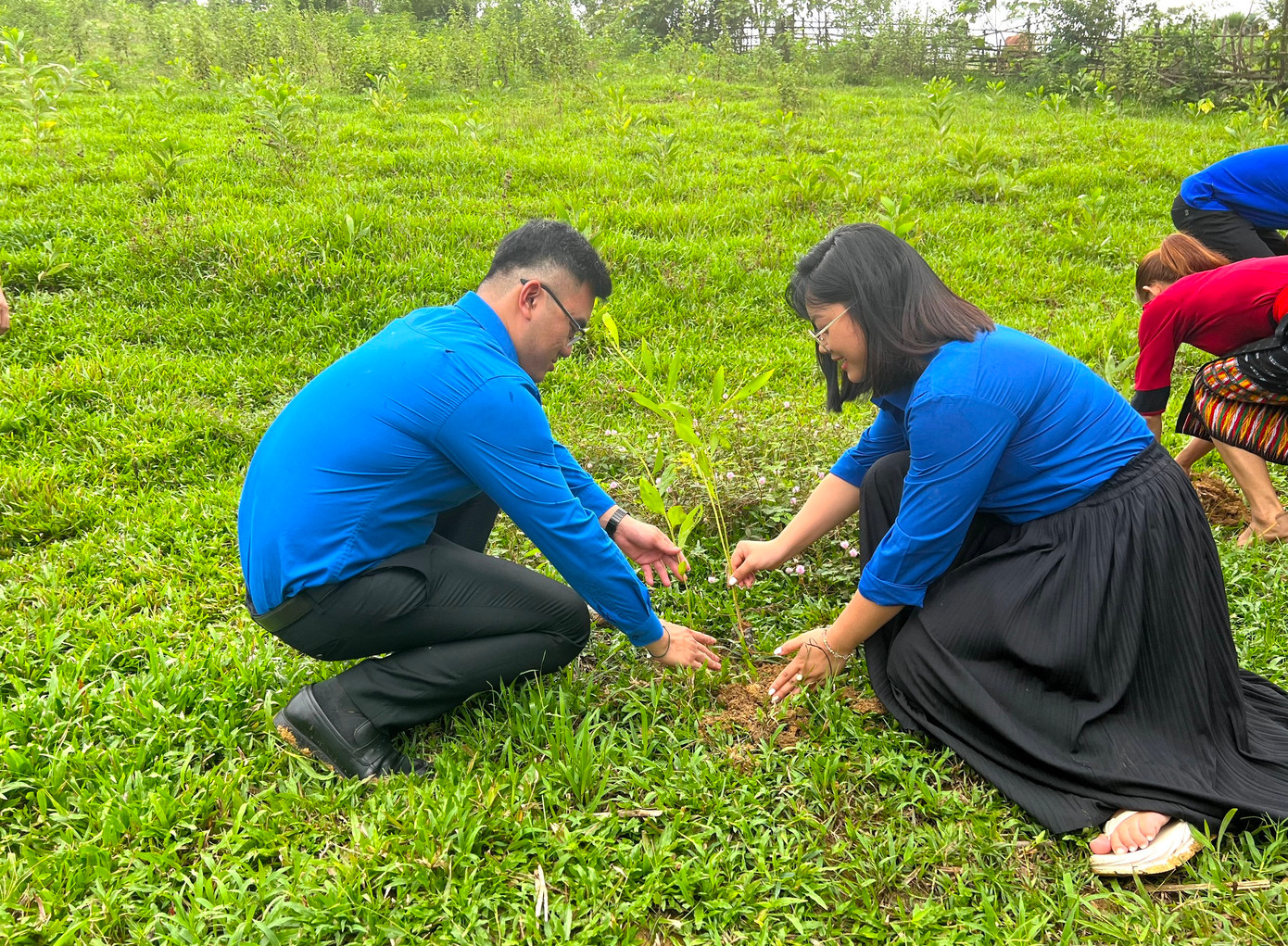 Các đoàn viên và người dân cùng nhau đào đất trồng các cây giống.