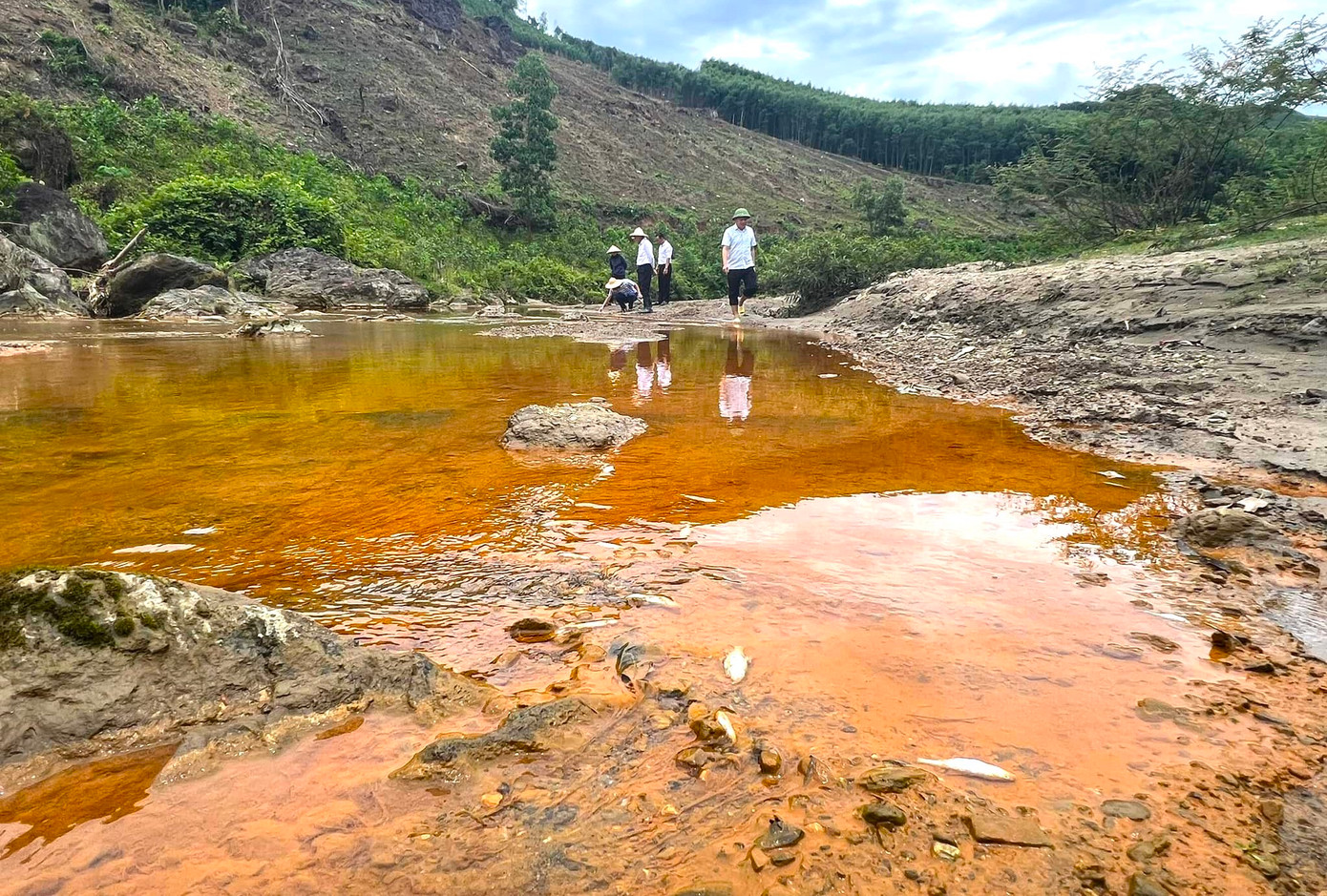 Ngày 3/7, đoàn kiểm tra của huyện vẫn đang tiếp tục làm rõ nguyên nhân của tình trạng suối Bắc bị vàng đục, cá chết hàng loạt. (Ảnh: Huy Nhâm).