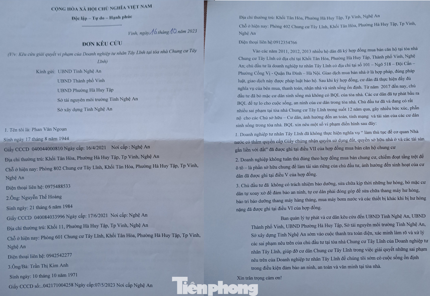 Đơn thư kêu cứu tập thể của các cư dân trong chung cư.