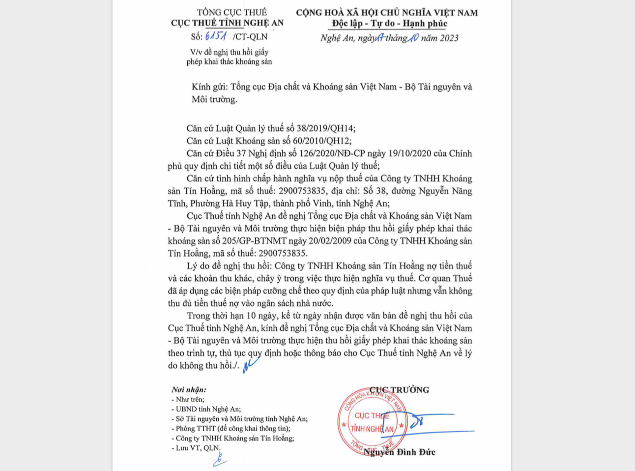 Cục Thuế Nghệ An có công văn đề nghị thu hồi giấy phép khai thác khoáng sản đối với Công ty TNHH Khoáng sản Tín Hoằng vì nợ thuế và chây ì nộp thuế.