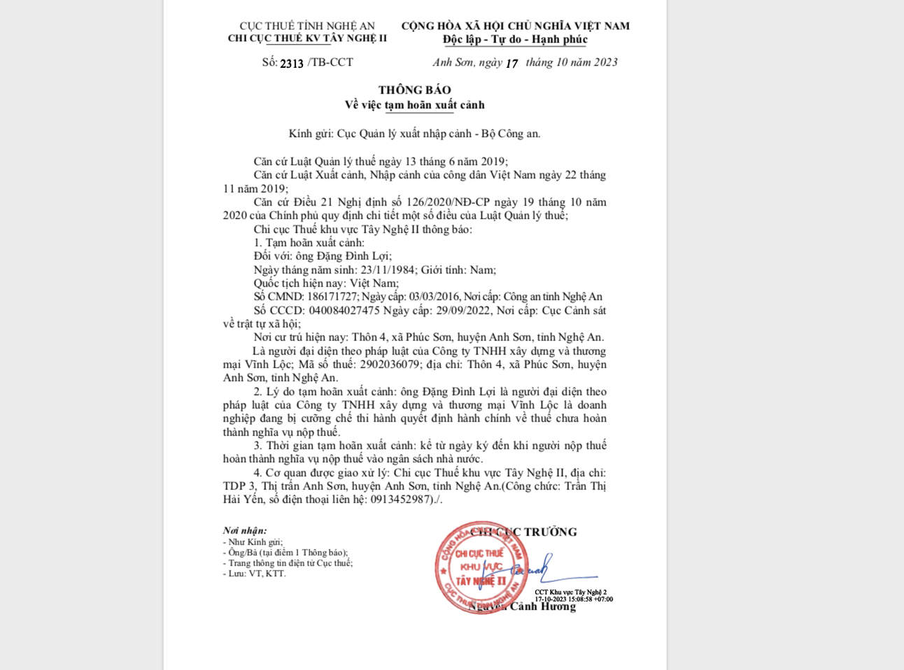 Ông Đăng Đình Lợi người đại diện theo pháp luật của Công ty TNHH xây dựng và thương mại Vĩnh Lộc bị tạm hoãn xuất cảnh.