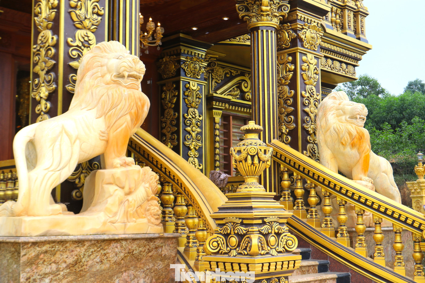 Trước cửa nhà, chủ tòa lâu đài đặt 2 con sư tử bằng đá có màu vàng đồng nhất với màu chủ đạo toàn bộ.