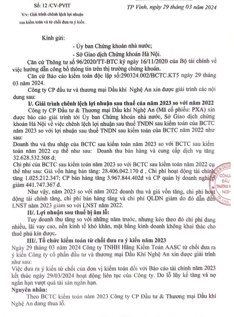 Văn bản giải trình của Dầu khí Nghệ An.