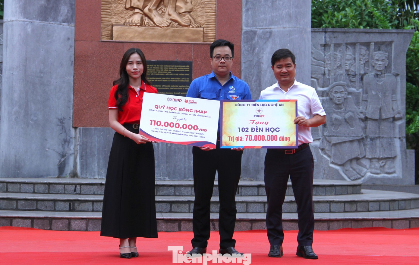 Đại diện Công ty Điện lực Nghệ An và Quỹ học bổng IMAP trao tặng tấm biển tượng trưng những suất quà ý nghĩa. Đại diện Công ty Điện lực Nghệ An và Quỹ học bổng IMAP trao tặng tấm biển tượng trưng những suất quà ý nghĩa.