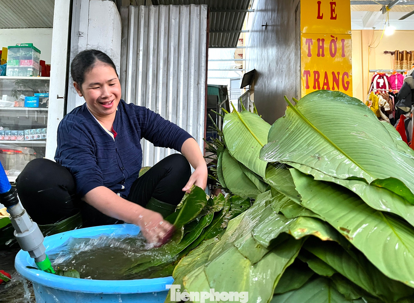 Trước khi gói bánh, lá dong sẽ được những người thợ rửa sạch rồi đem phơi khô trong gió. "Nếu lá ướt sẽ khó gói, nếu lá bị phơi nắng khô cũng sẽ không thể gói bánh. Dịp Tết này gia đình nhà tôi mua cả mấy vạn lá về để gói dần. Chứ sợ ít ngày nữa không có lá để mua", bà Bùi Thị Biên (67 tuổi) chia sẻ.