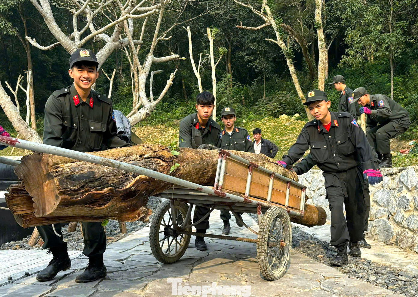 Những khúc gỗ lớn được các cán bộ chiến sĩ vận chuyển đi để làm đẹp khuôn viên.