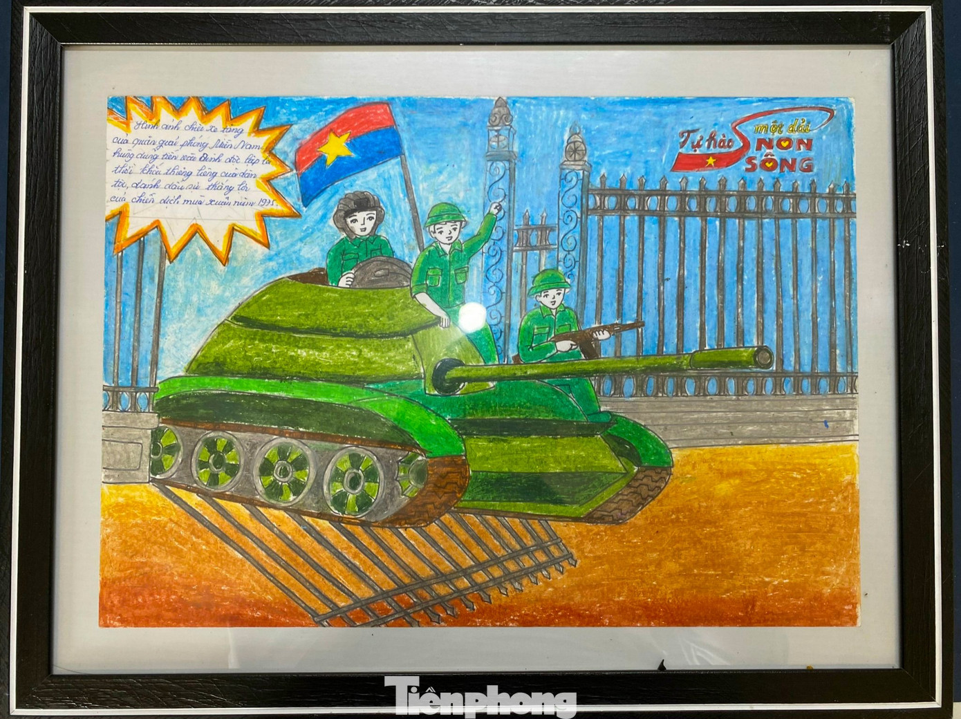 Bức tranh vẽ thời khắc lịch sử chiếc xe tăng của quân giải phóng miền Nam húc đổ cổng Dinh Độc lập vào năm 1975, đánh dấu sự thắng lợi của Chiến dịch mùa xuân năm 1975. Bức tranh vẽ thời khắc lịch sử chiếc xe tăng của quân giải phóng miền Nam húc đổ cổng Dinh Độc lập vào năm 1975, đánh dấu sự thắng lợi của Chiến dịch mùa xuân năm 1975.