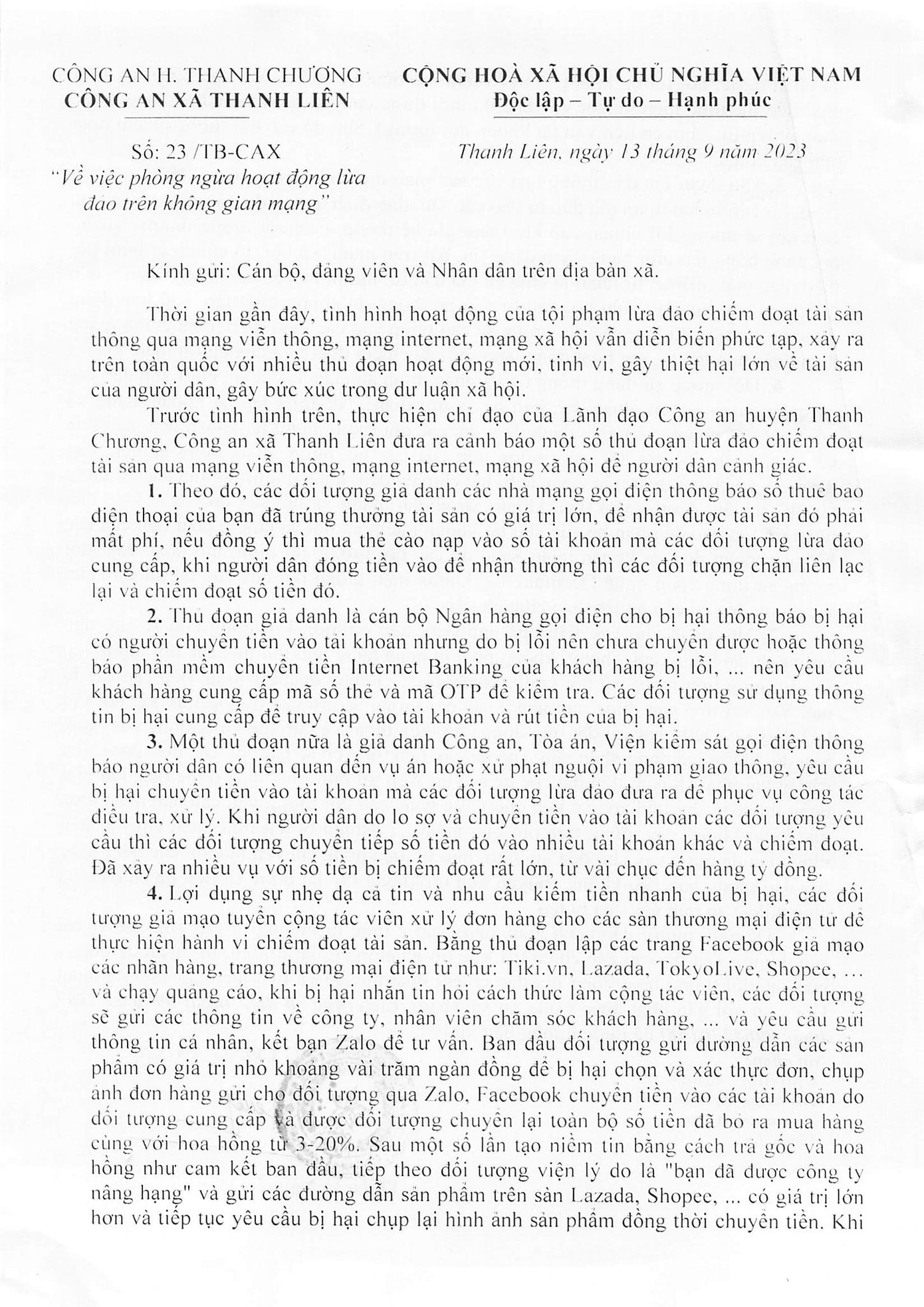 Công an xã Thanh Liên phát văn bản thông báo để người dân cảnh giác tình trạng lừa đảo qua mạng.